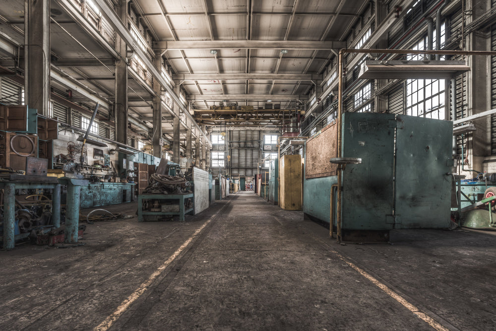 Mechanical Workshop at Morwell Power Station, the machine tools are still here, green paint mostly intact.