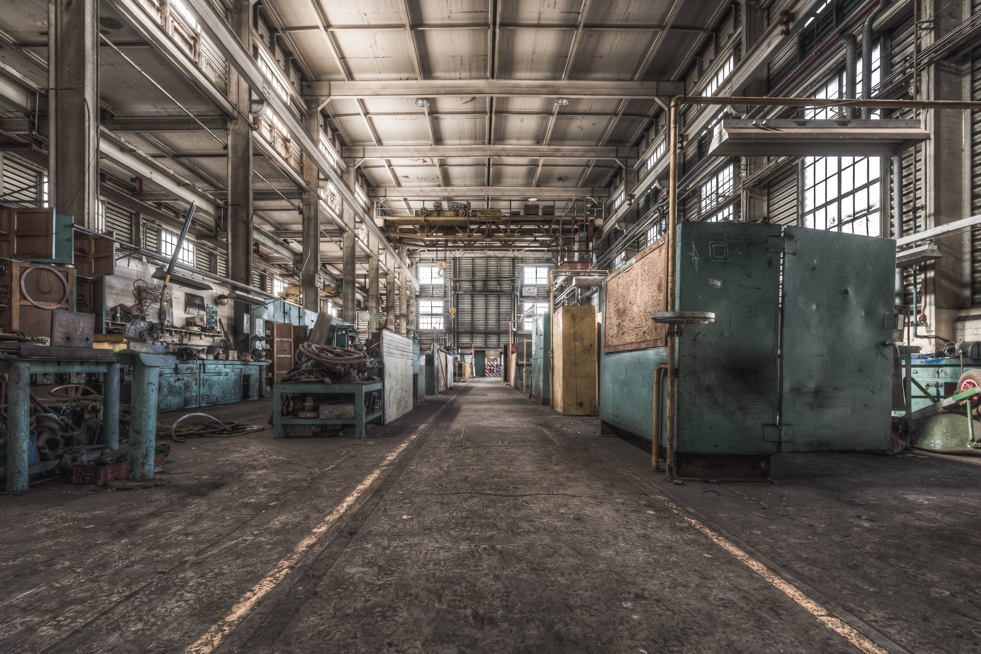 Mechanical Workshop at Morwell Power Station, the machine tools are still here, green paint mostly intact.