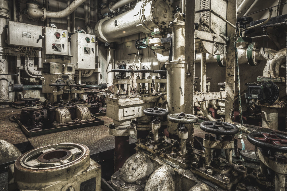 Pumps at MV Cape Don, rows of cast-iron gate valves crowd the pump room floor, their handwheels black with grime.