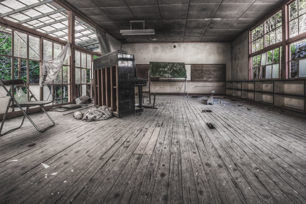Kindergarten at Nichitsu Mining Village, the timber floored kindergarten with a piano.
