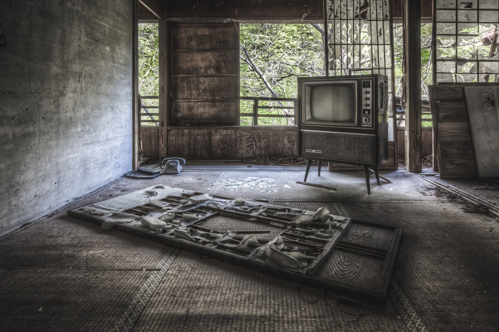 Living Room at Nichitsu Mining Village, an old television set in an abandoned living room.