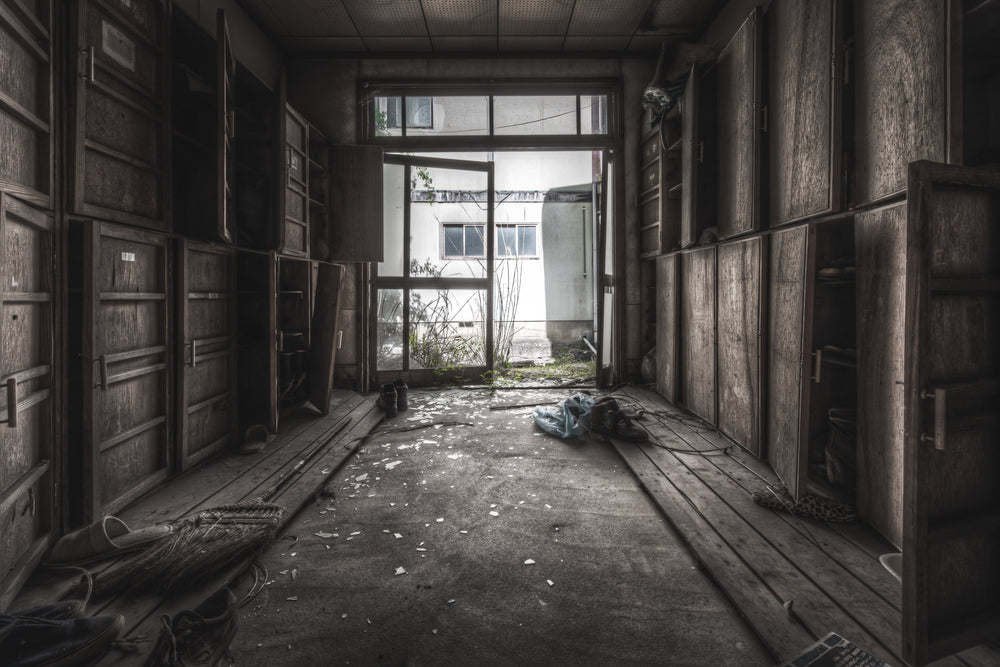 Locker Room at Nichitsu Mining Village, the locker storage area for students at the end of the school corridor.