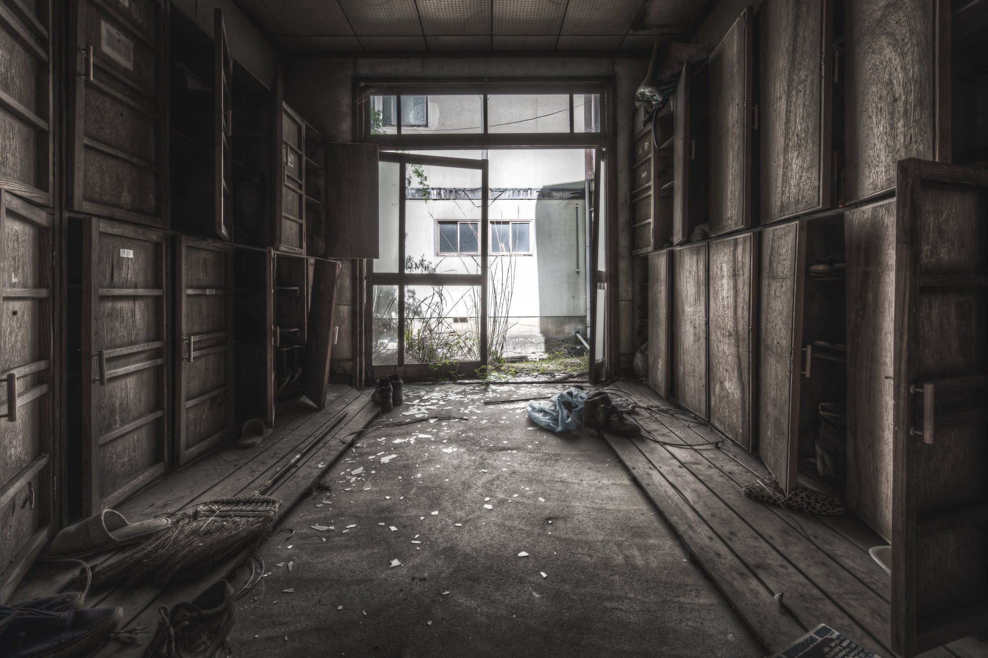 Locker Room at Nichitsu Mining Village, the locker storage area for students at the end of the school corridor.