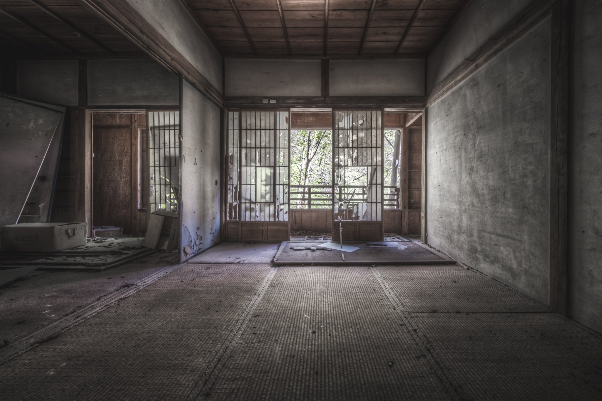 Looking Out at Nichitsu Mining Village, a traditional Japanese room sits empty.