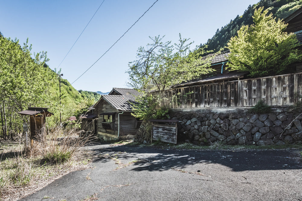 Main Entrance at Nichitsu Mining Village, weathered timber buildings line a narrow asphalt road that curves into the valley.