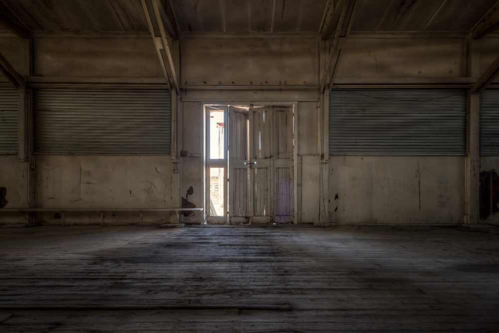 Annex Door at Portland Cement Works, a pair of timber doors stands half-open at the centre of a concrete wall.
