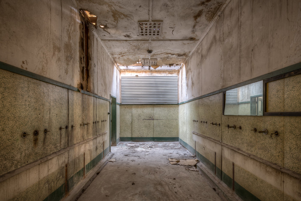 Annex Washroom at Portland Cement Works, a narrow washroom inside the Portland Cement Works annex.