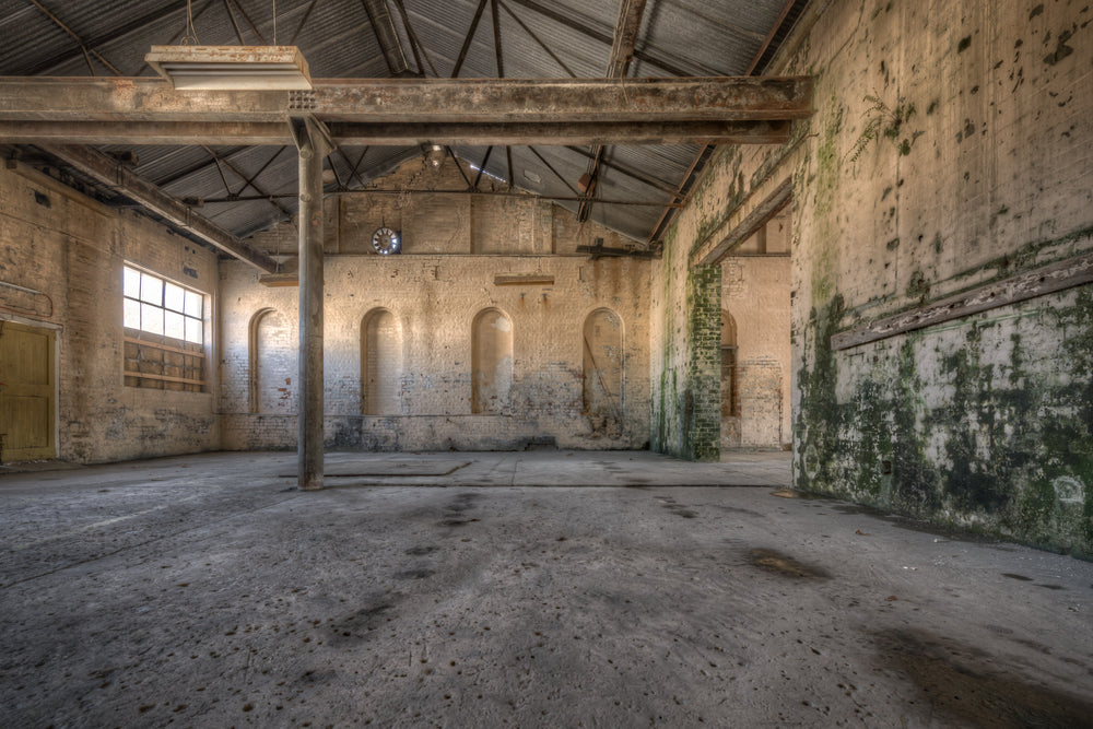 Green Wall at Portland Cement Works, a single steel column rises from a stained concrete floor, supporting iron roof.