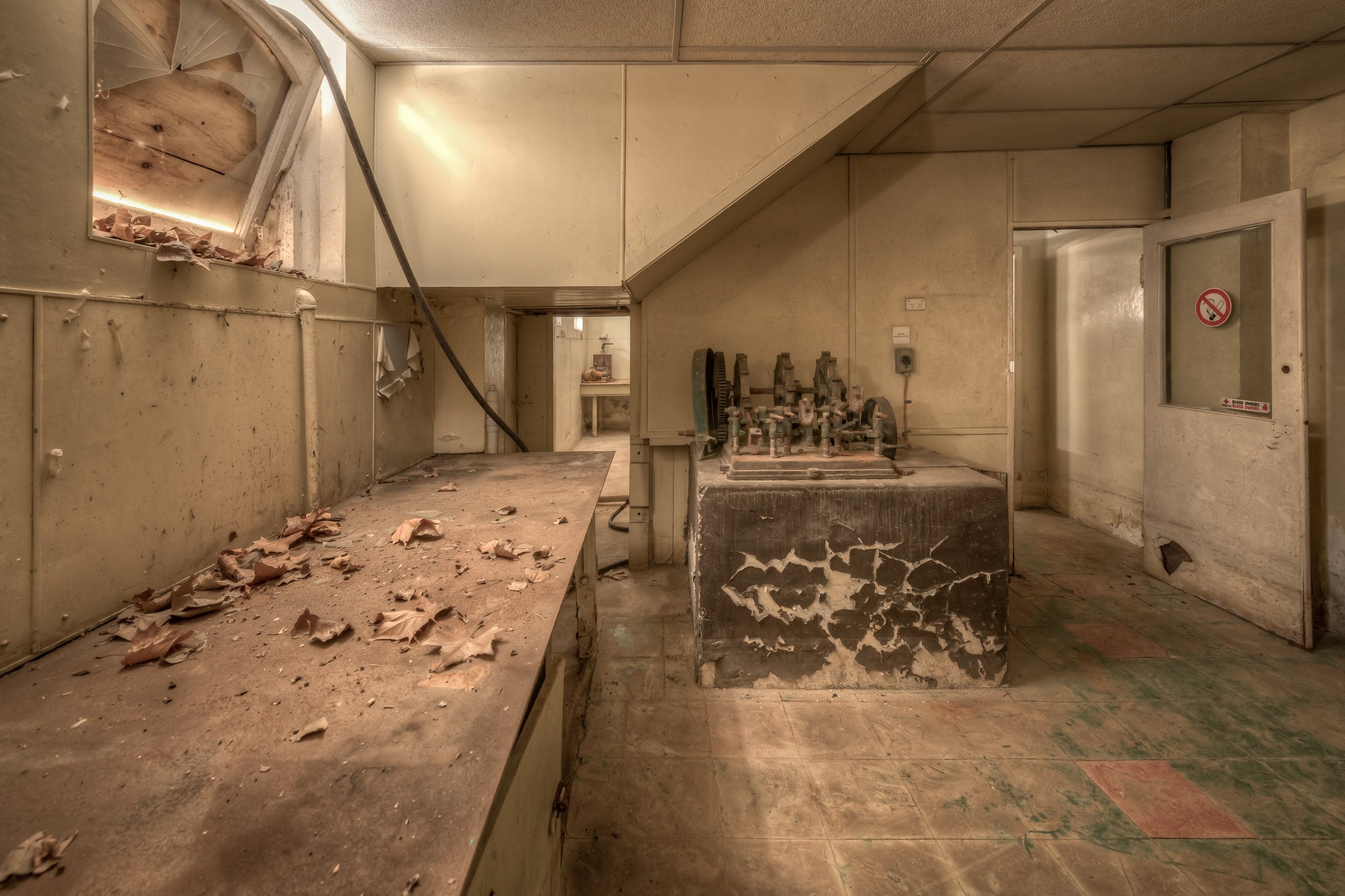 Testing Room at Portland Cement Works, a concrete bench runs the length of the room, covered in curled paint flakes.