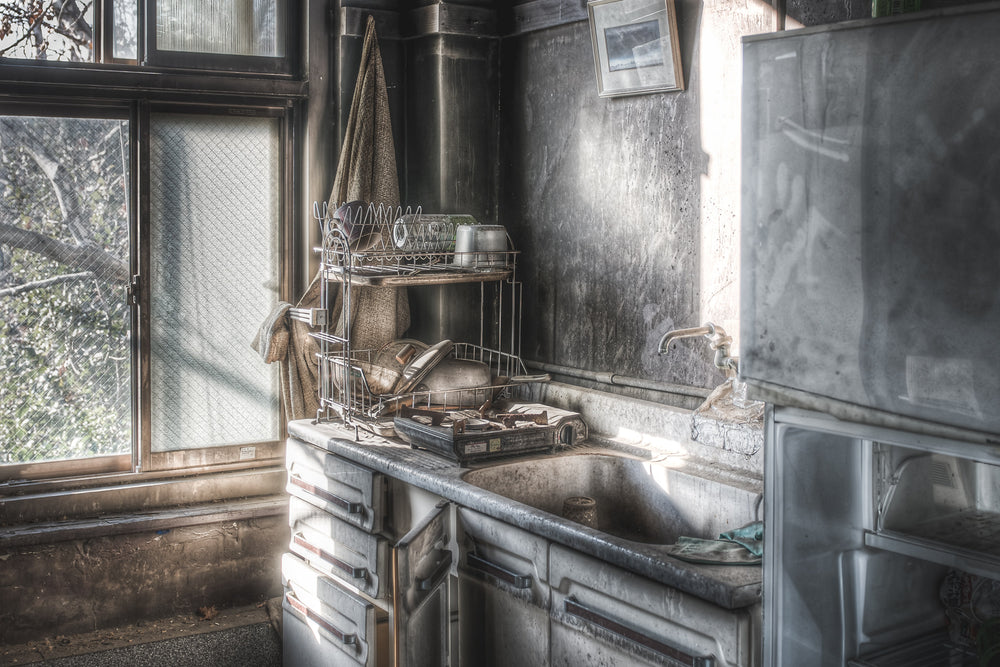 Another Kitchen at Seika Dormitory, you can see the smoke residue covering the walls and the fridge in this shot.