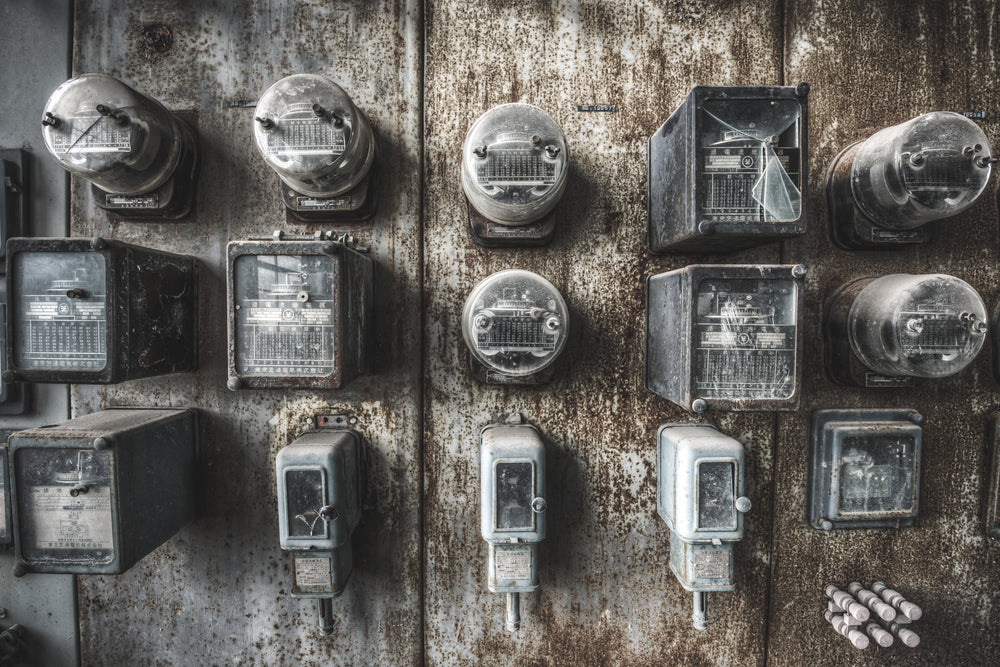 Meters at Shimizusawa Thermal Power Plant, a metre board salvaged from the former control room.