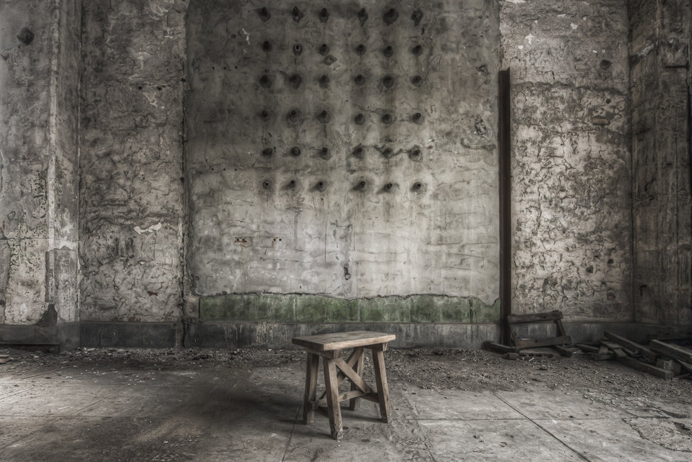 Stool at Shimizusawa Thermal Power Plant, an old, handmade stool, possibly pre-war.