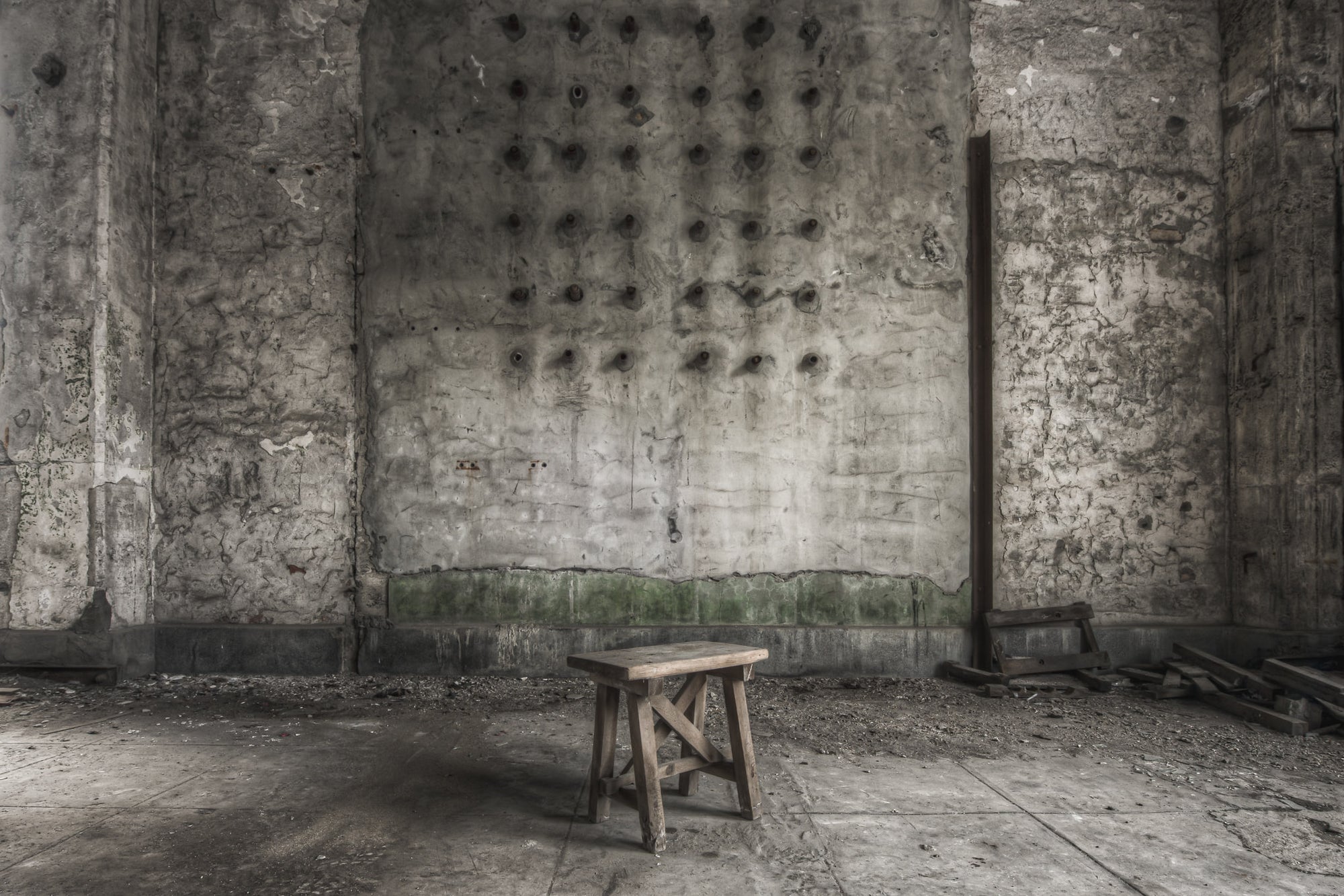 Stool at Shimizusawa Thermal Power Plant, an old, handmade stool, possibly pre-war.