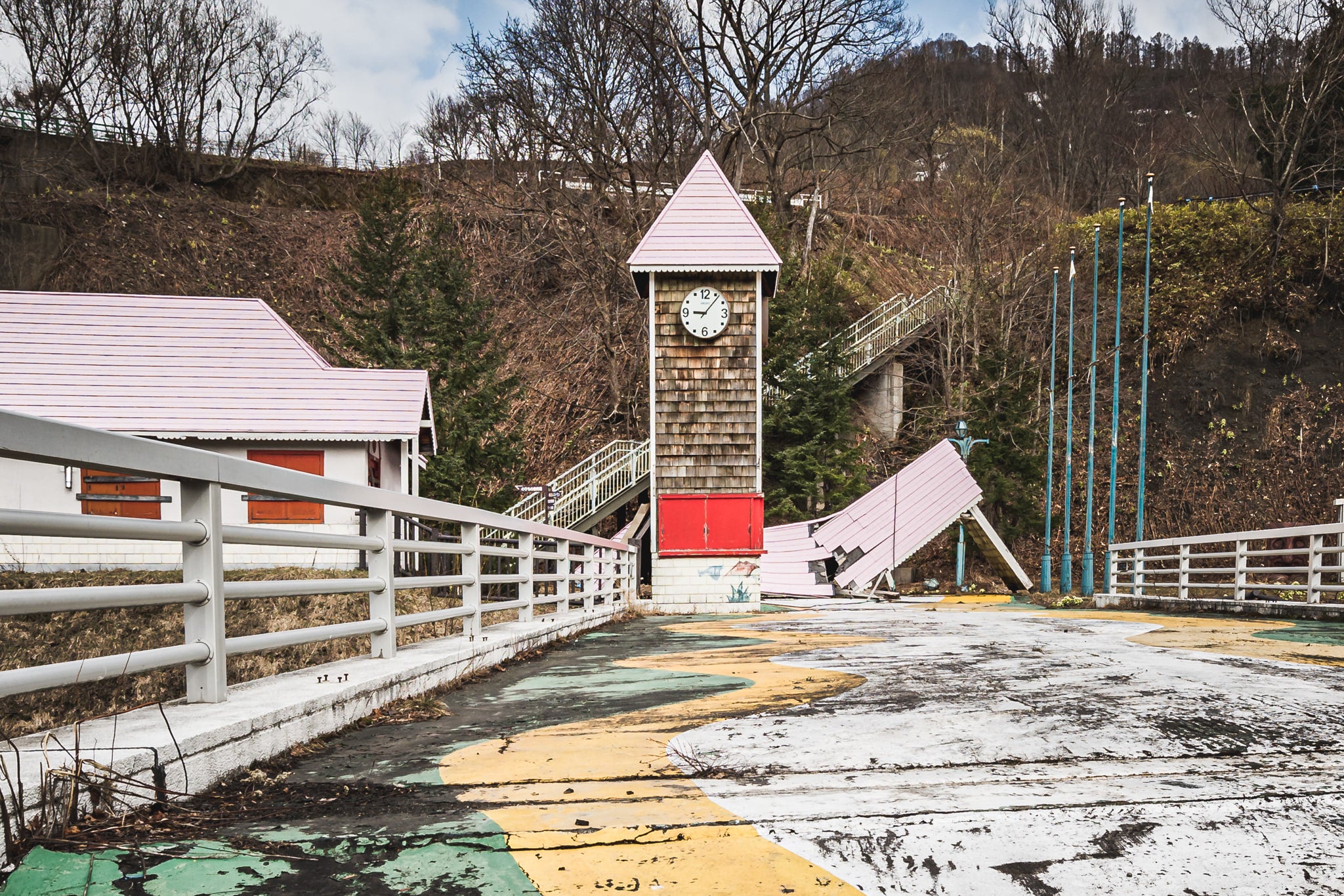 Clock Tower at Streetscapes of Yubari, cedar shingles clad its body.