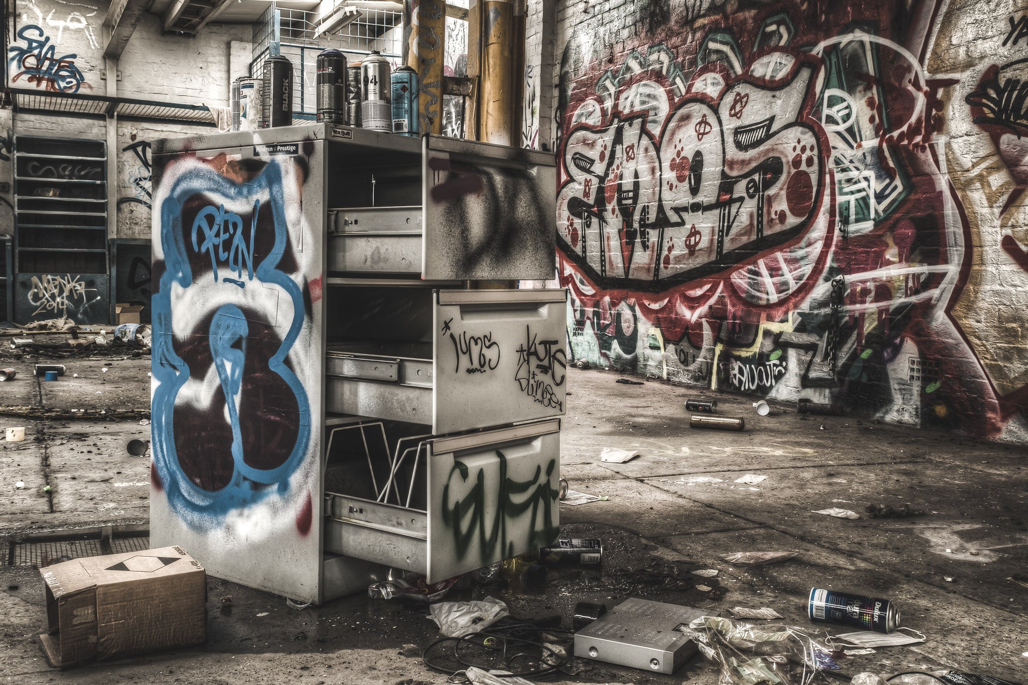 Filing Cabinet at Sundell Holden, moved to the middle of the paint shop as a bench from graffiti artists to work from.