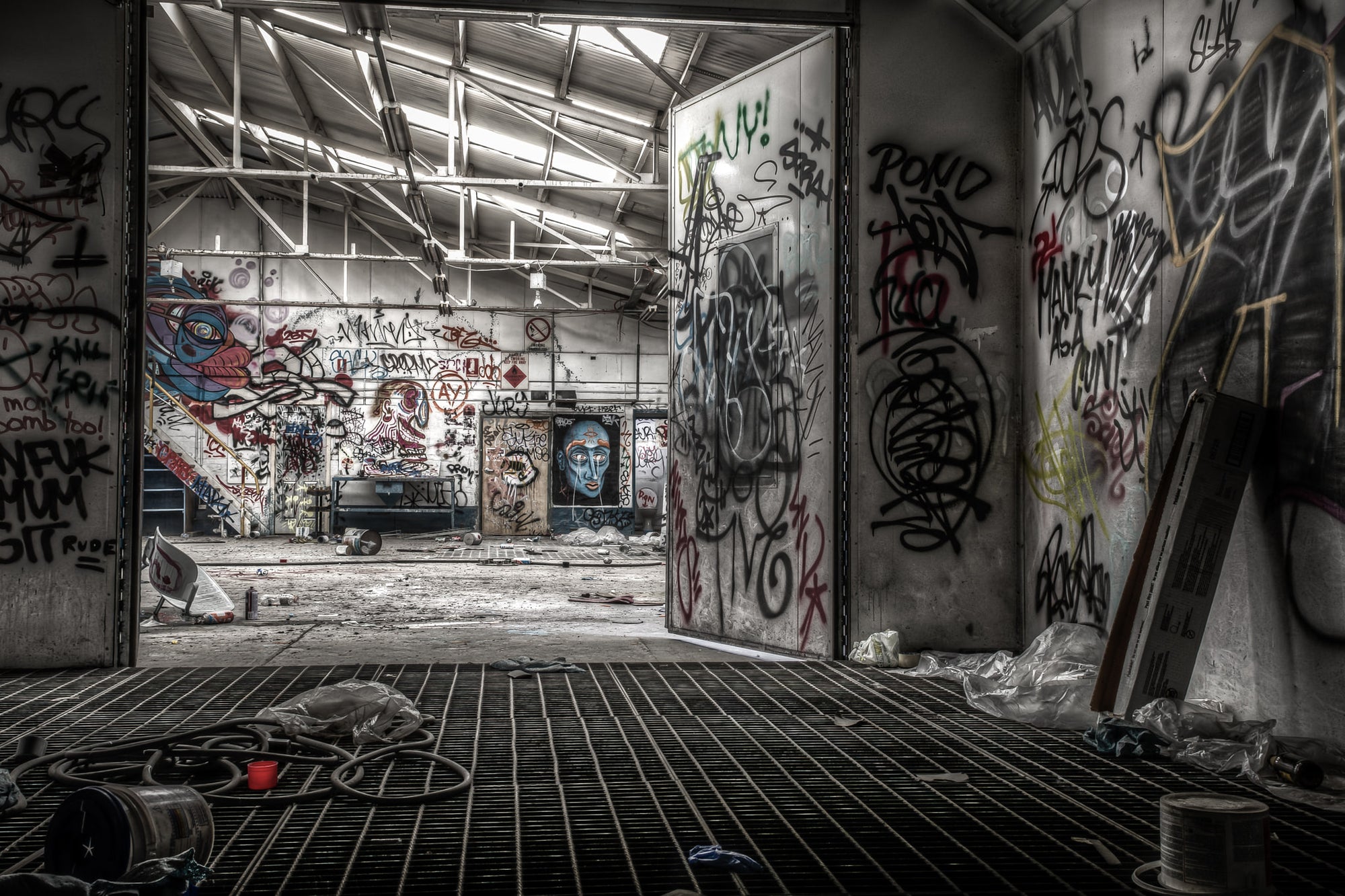 Spray Booth at Sundell Holden, shot from inside a Lowbake oven spray booth, viewing out into the paint shop.
