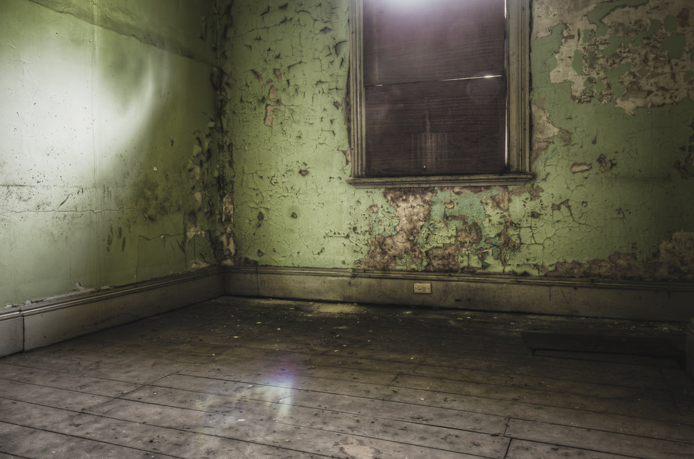 Bare Guest Room at Terminus Hotel, light seeps in through a boarded window, casting a dull glow across the floorboards.