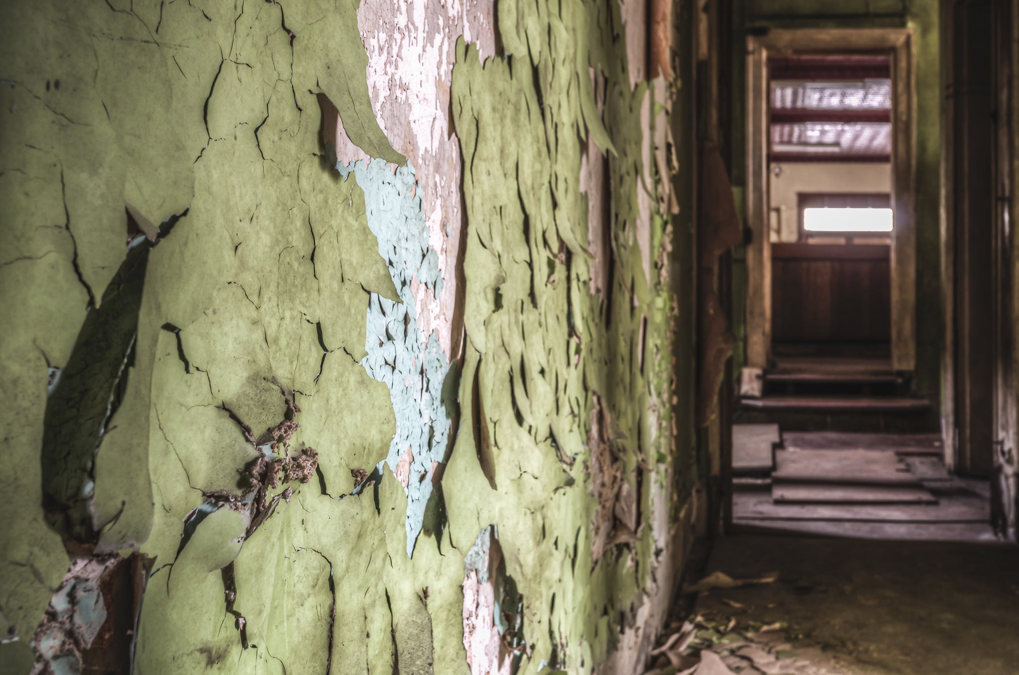 Lead Paint at Terminus Hotel, green over blue over pink over plaster.