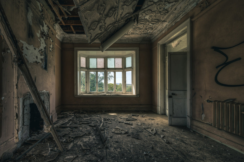 Country View at The Asylum, ornate plaster mouldings cover the ceiling, split open where sections have collapsed onto.