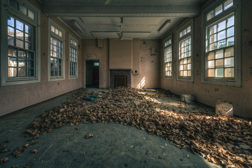 Dead Leaf Carpet at The Asylum, dried leaves carpet the floor of a large common room, banked against the walls in thick.