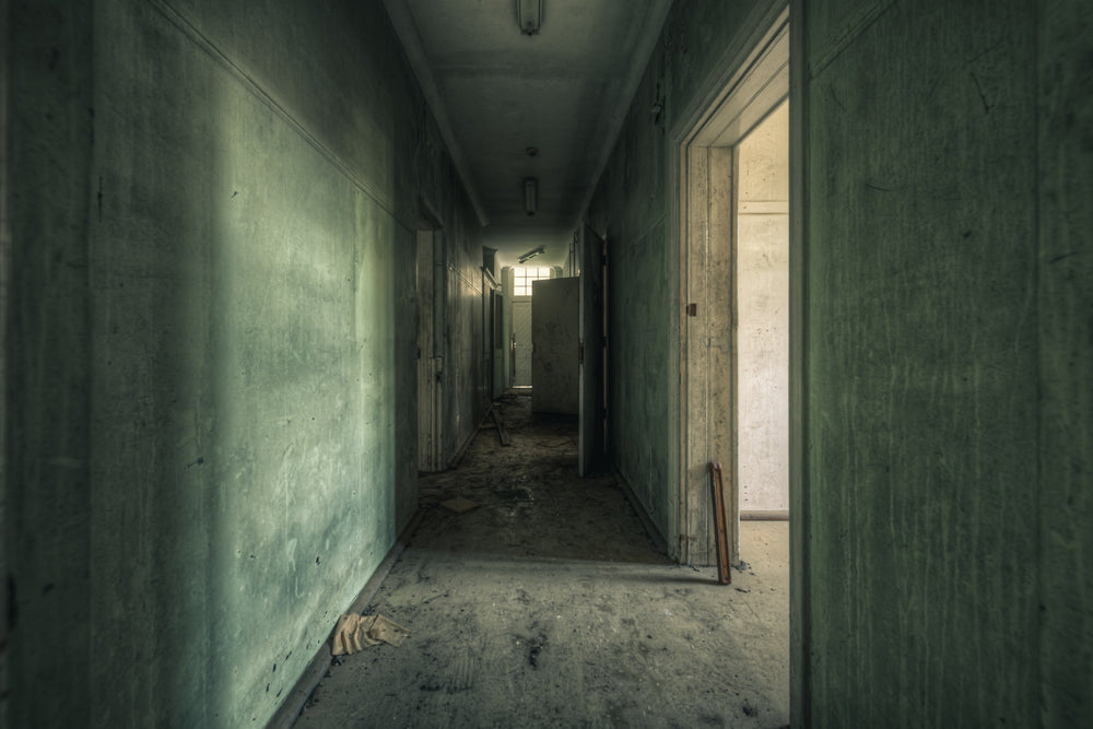 Hall of Shadows at The Asylum, a narrow corridor stretches deep into the building.
