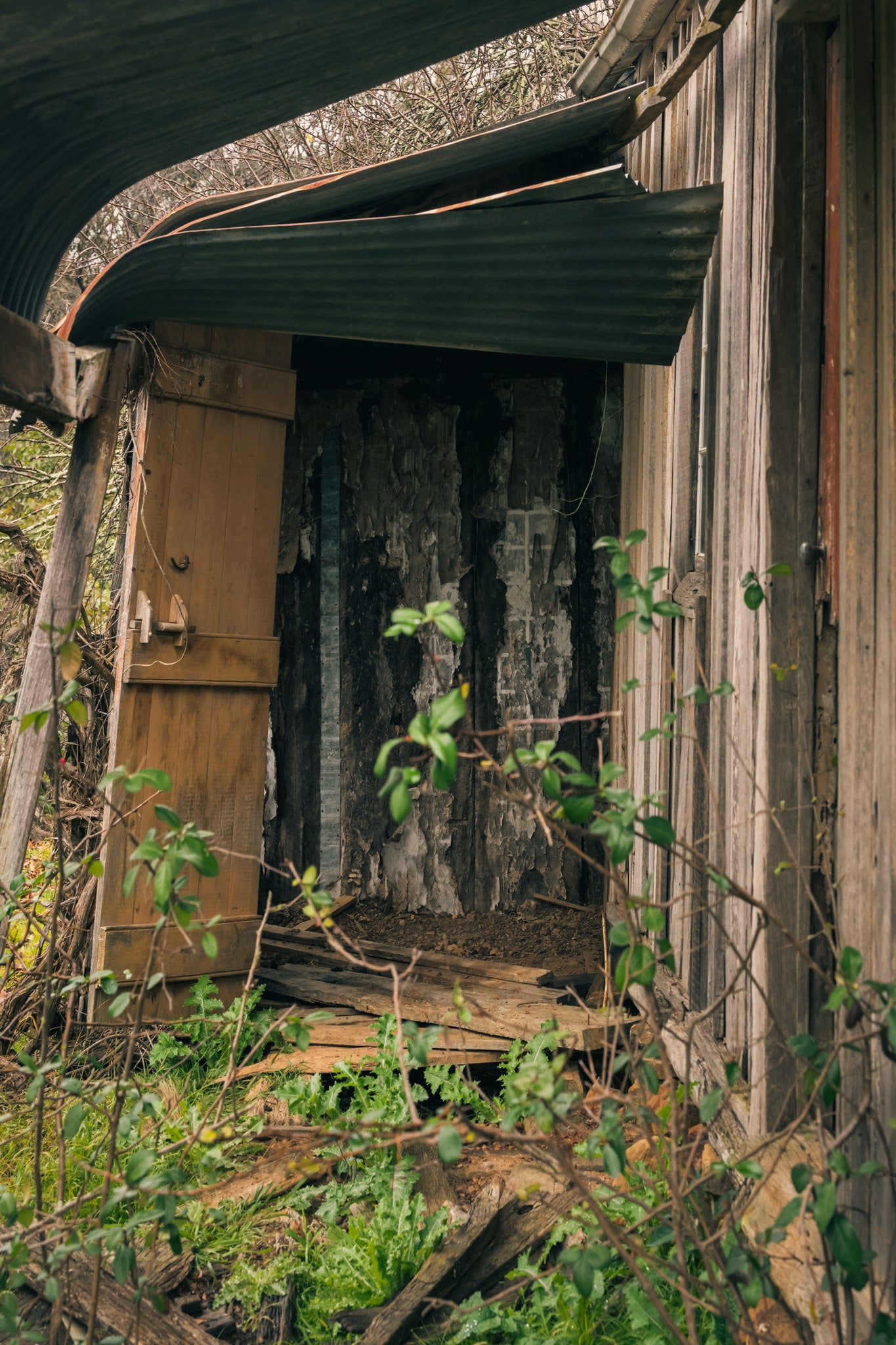 Verandah at The Post Office, a green corrugated iron roof bows away from the timber frame, pulling free at the edge.