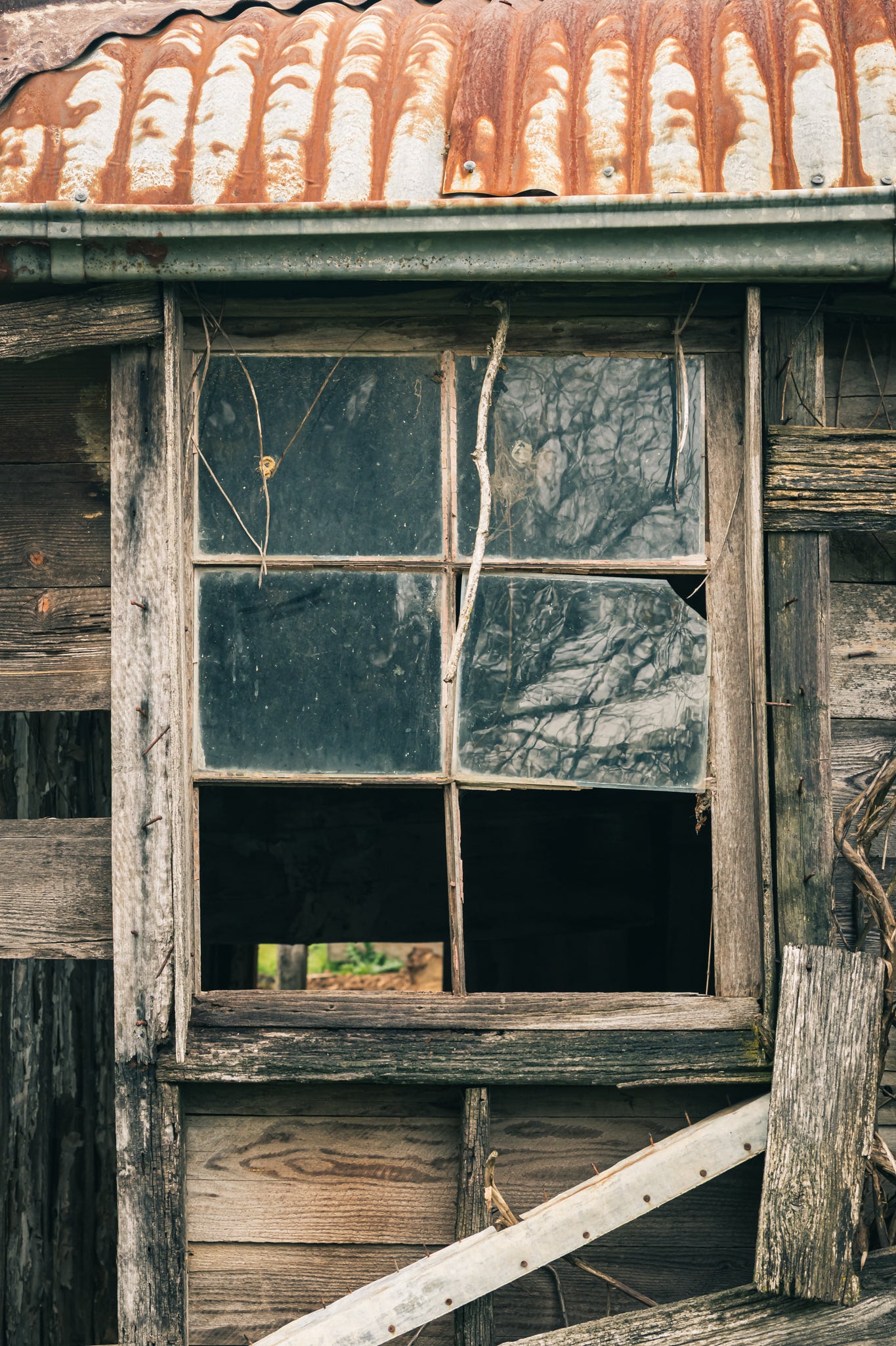 Window Panes at The Post Office, a six-pane timber window set into weatherboard cladding, grey and split with age.