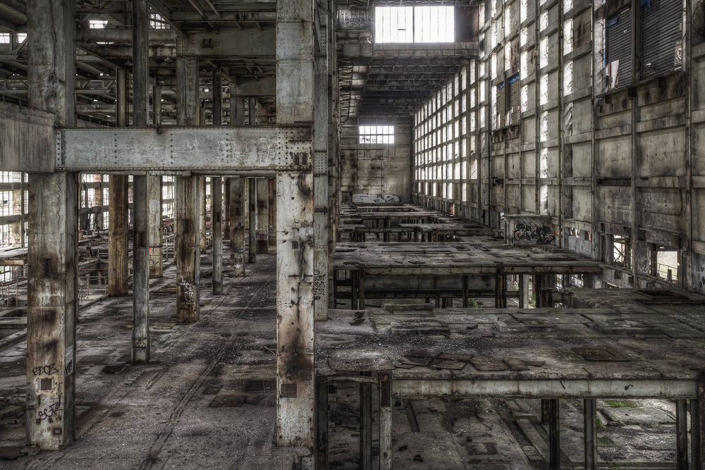 Above B Electrical Workshop at Wangi Power Station, concrete columns rise in rows through a vast industrial hall.