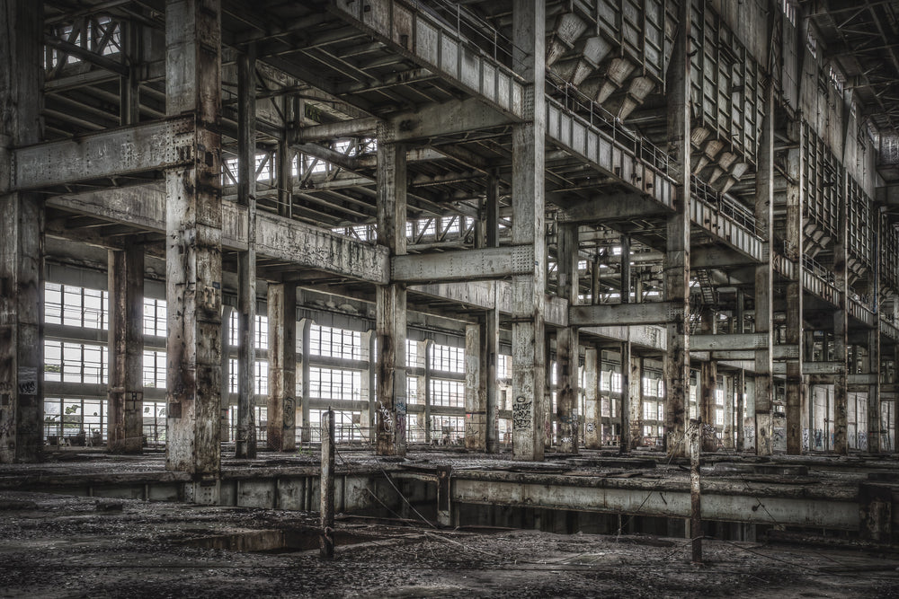 Boiler House Looking Towards Turbine Hall at Wangi Power Station, concrete columns rise three storeys through the B Station.