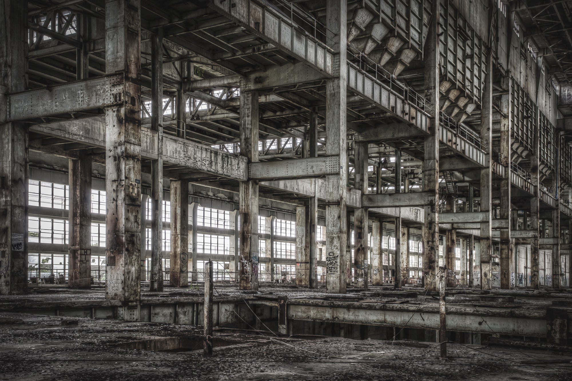 Boiler House Looking Towards Turbine Hall at Wangi Power Station, concrete columns rise three storeys through the B Station.