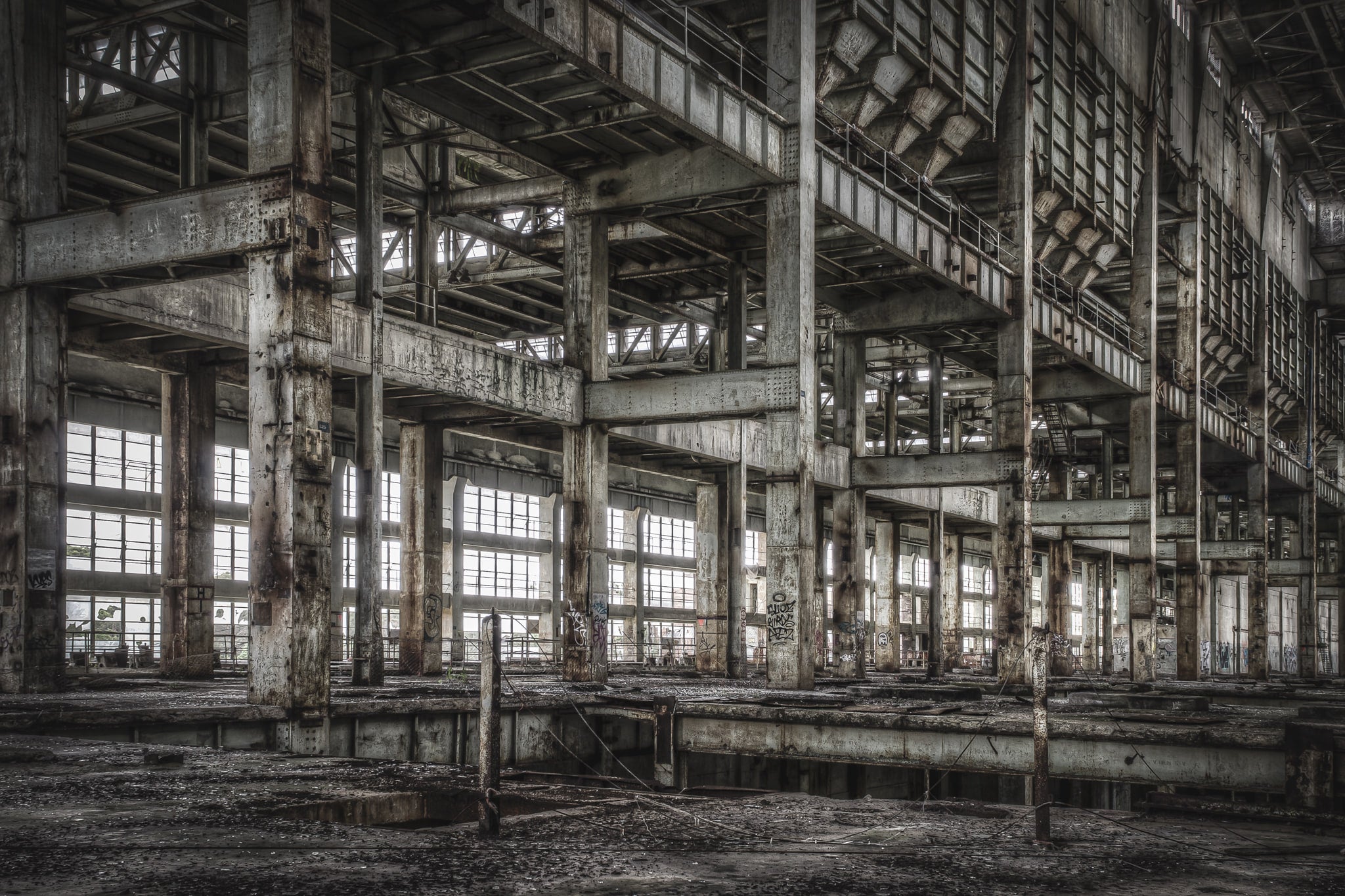 Boiler House Looking Towards Turbine Hall at Wangi Power Station, concrete columns rise three storeys through the B Station.