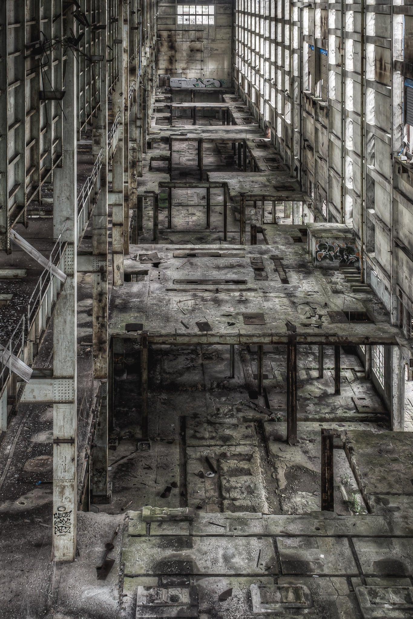 Boiler House Top at Wangi Power Station, the boiler house stretches deep into the frame, viewed from bunker level looking.