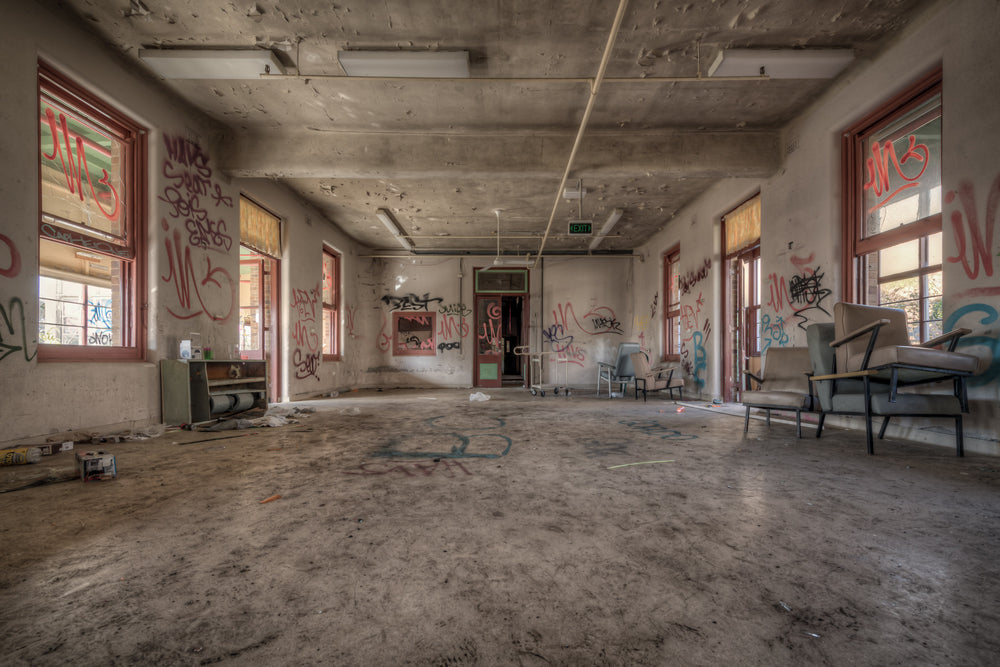 Communal Room at Waterfall Sanatorium, a wide communal room stripped bare.