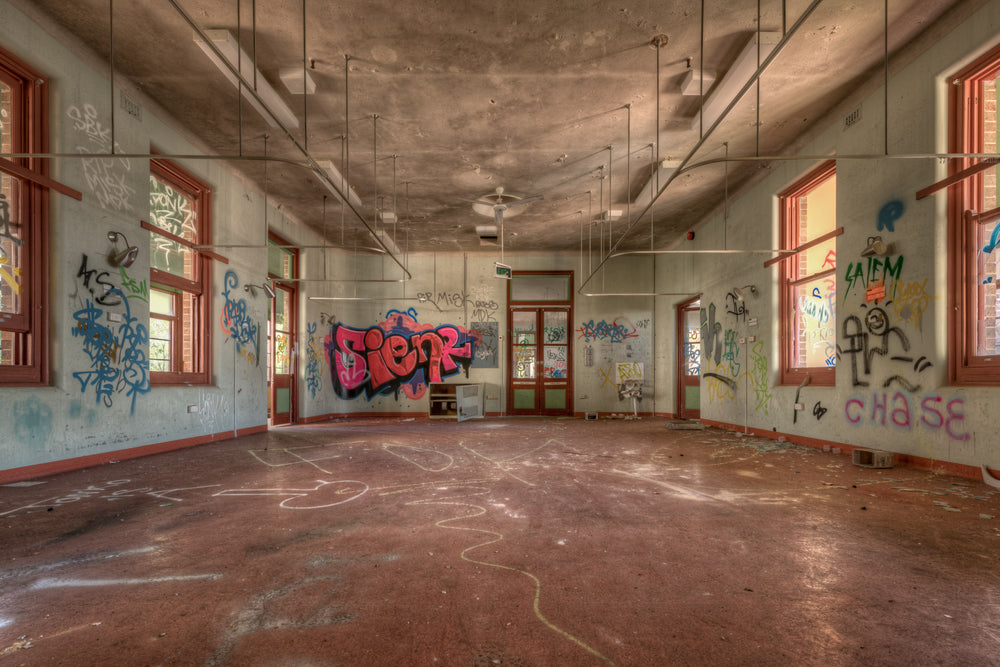 Empty Ward at Waterfall Sanatorium, a large rectangular ward stripped bare.