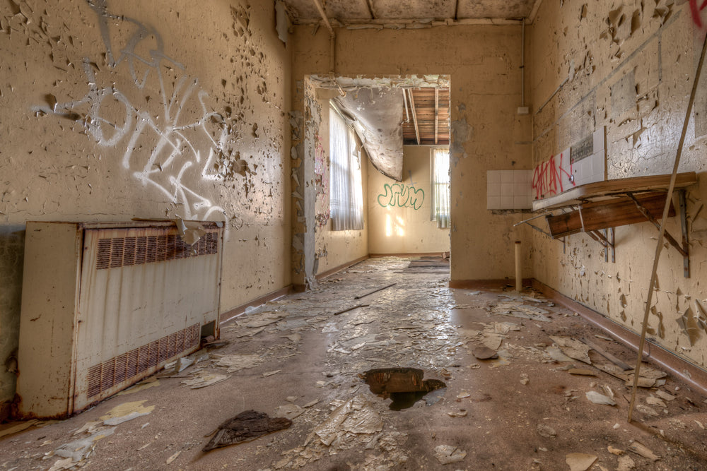 Flaky at Waterfall Sanatorium, paint curls away from every surface in thick, brittle sheets.