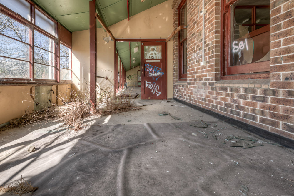 Indoor Plants at Waterfall Sanatorium, a covered walkway runs along the brick facade of a ward building.