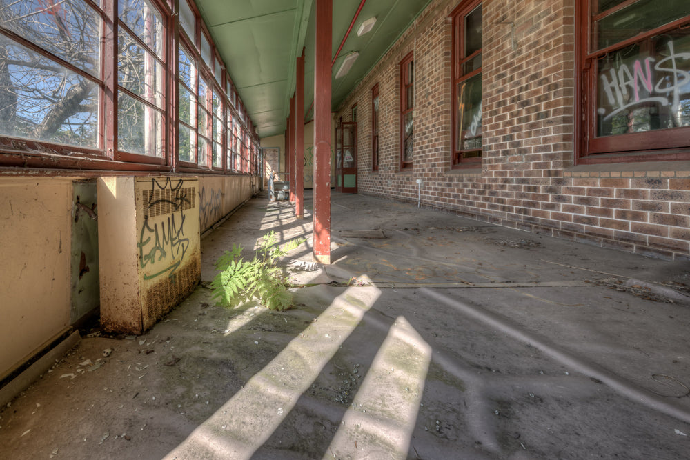 Ripples at Waterfall Sanatorium, sunlight cuts through a row of tall windows and throws long parallel shadows.
