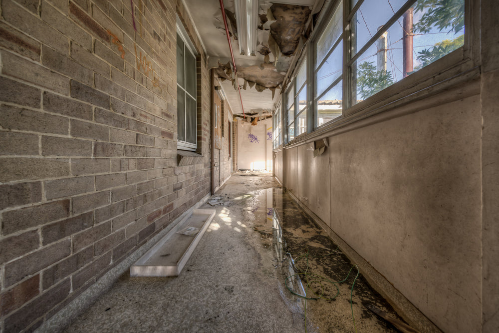 Side Hall at Waterfall Sanatorium, a narrow enclosed corridor runs between a brick wall and a bank of steel-framed windows.