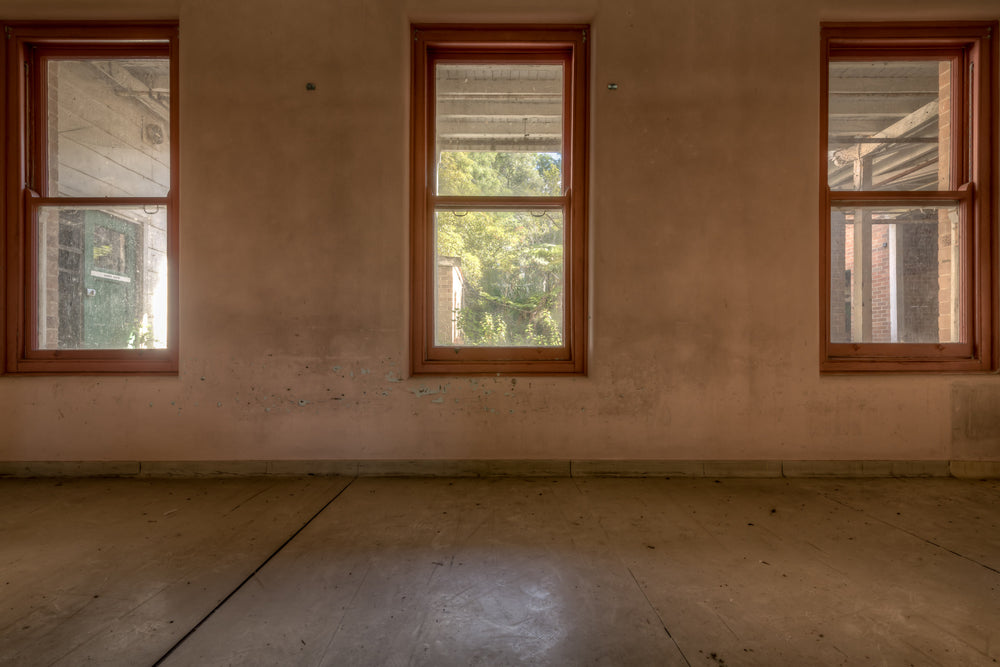 Three Windows at Waterfall Sanatorium, three timber-framed windows sit evenly spaced across a rendered wall.