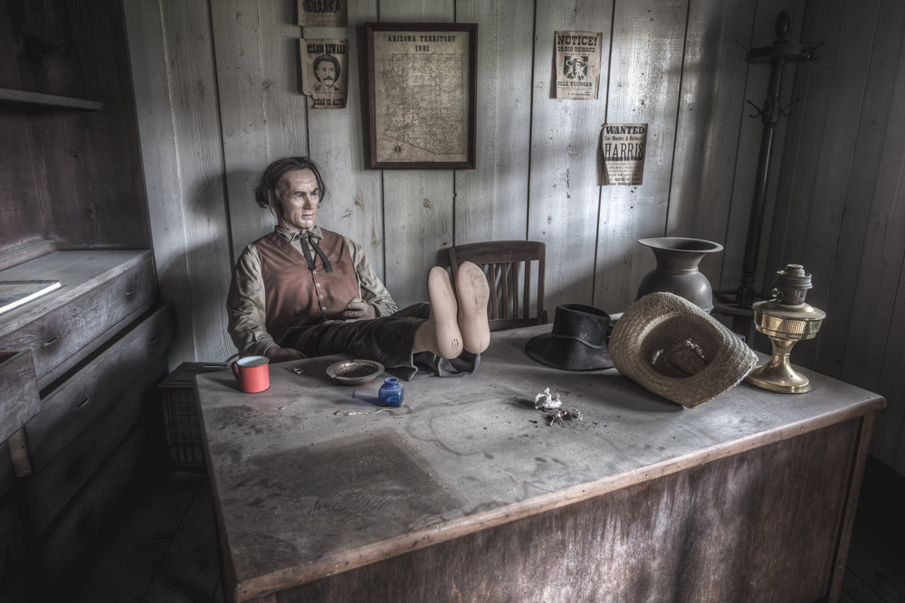 Sheriffs' Office at Western Village, the sheriff, kicking back after a long existence of not doing anything, ever.