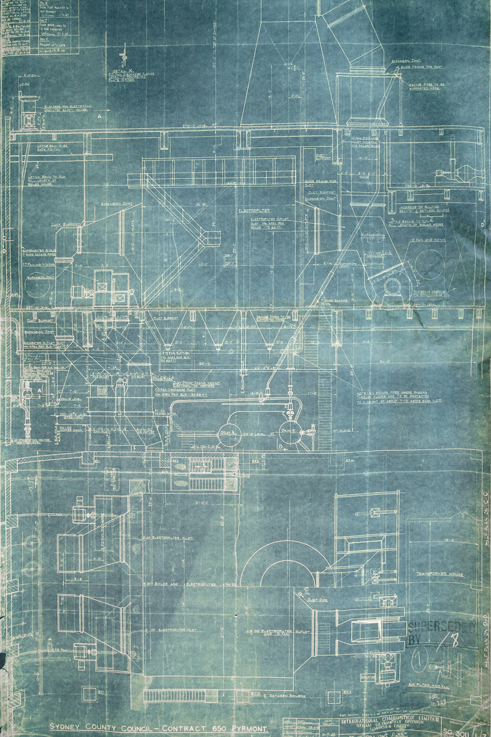 Boiler Blueprint at White Bay Power Station, a faded blueprint, discolored with time, detailing the entire Boiler House.