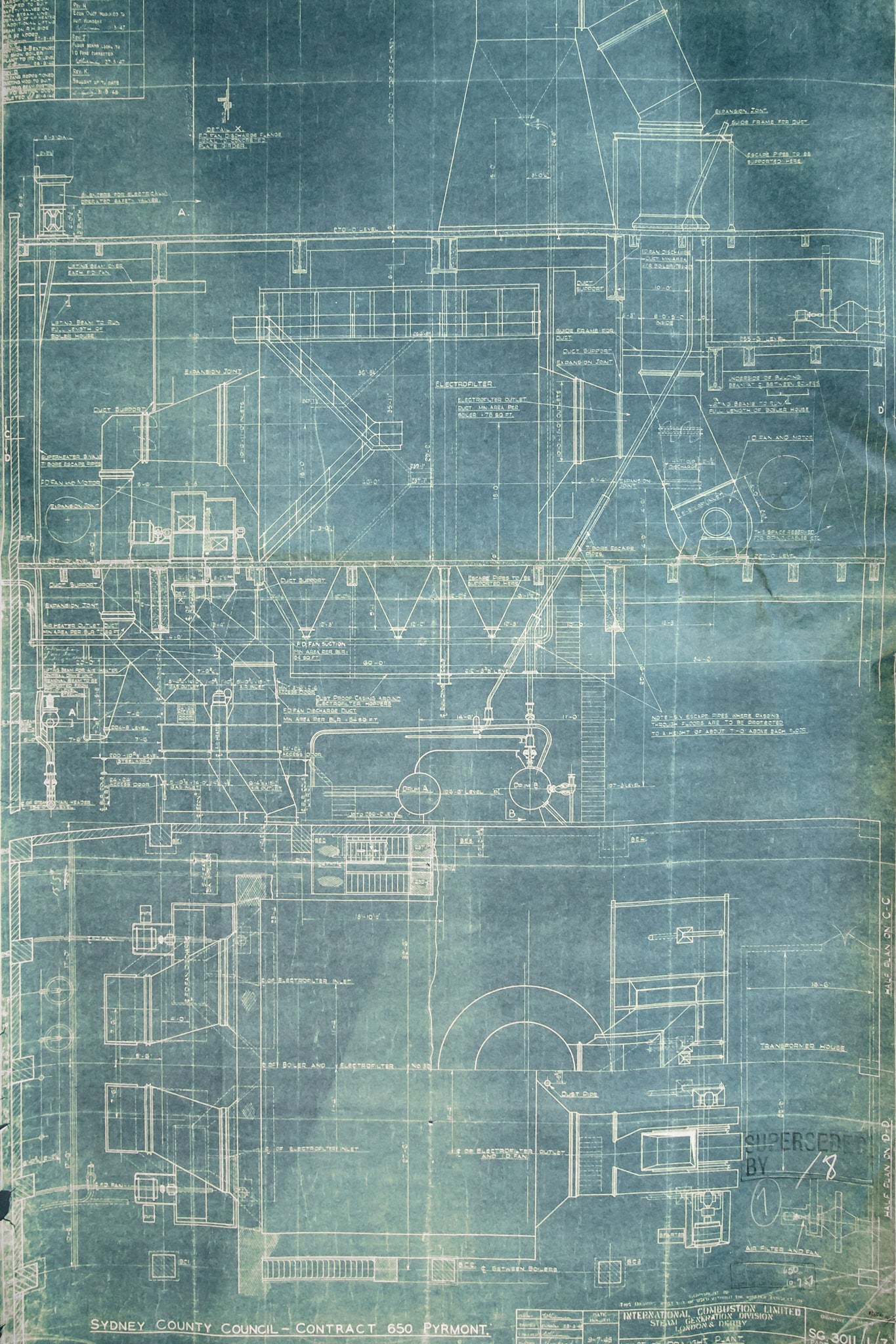 Boiler Blueprint at White Bay Power Station, a faded blueprint, discolored with time, detailing the entire Boiler House.