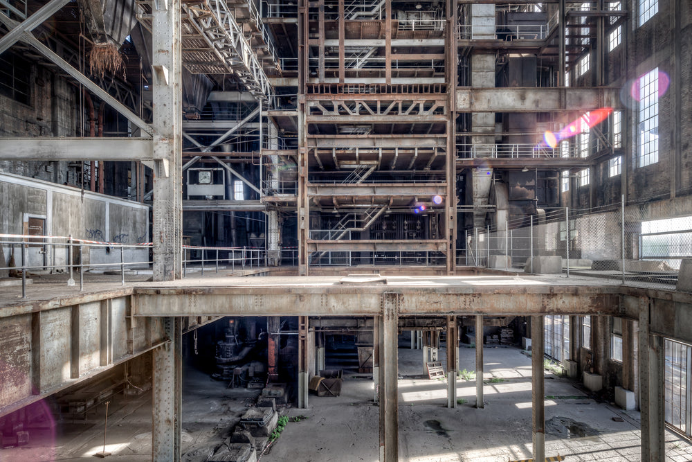Boiler House Operator Level at White Bay Power Station, a towering expanse of rusted steel, staircases, and platforms.