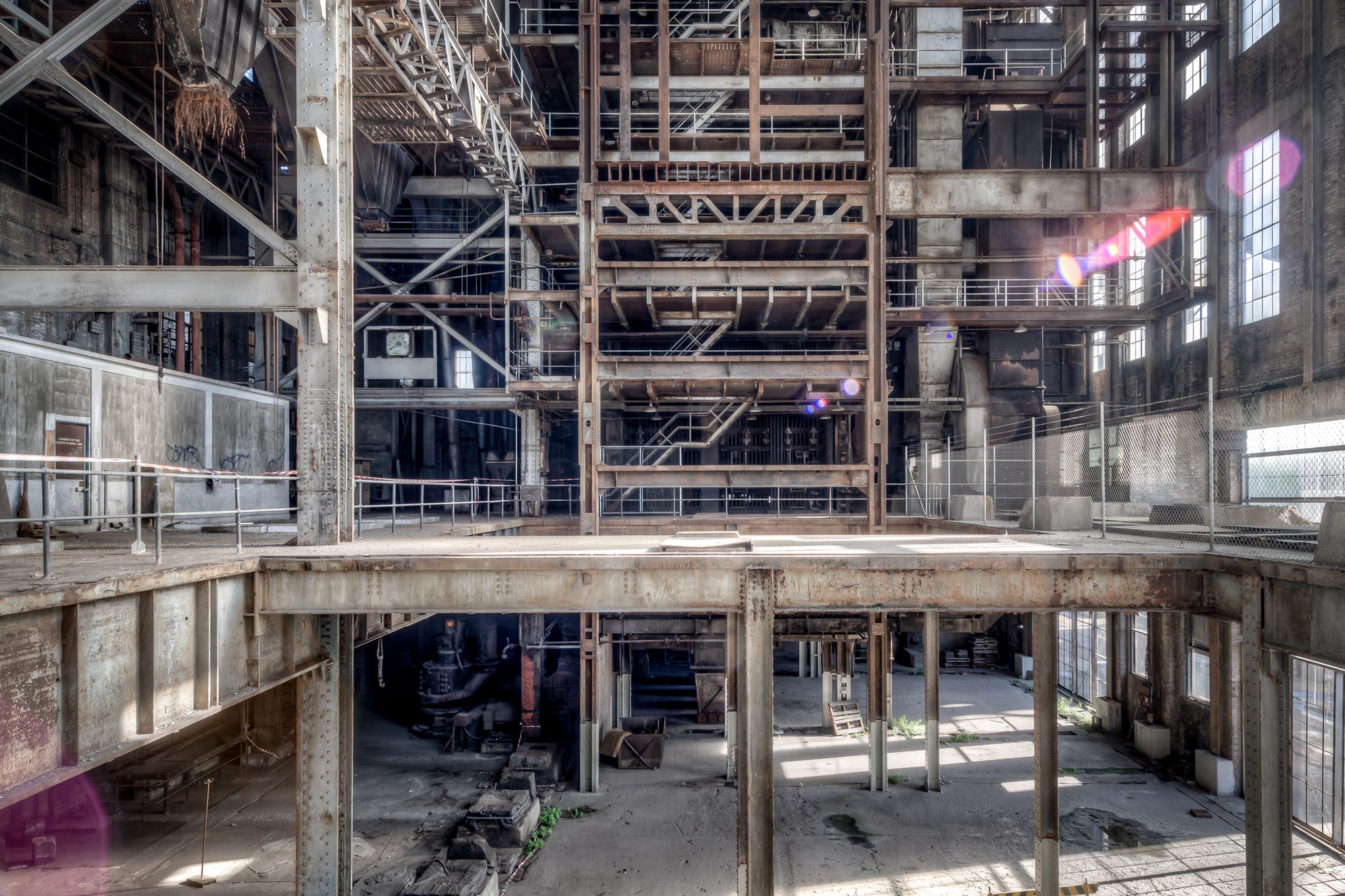 Boiler House Operator Level at White Bay Power Station, a towering expanse of rusted steel, staircases, and platforms.