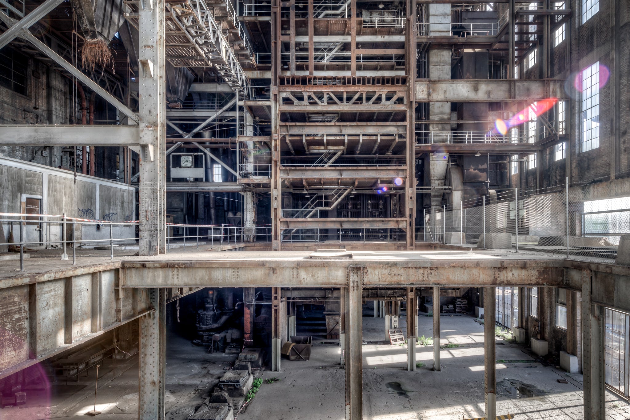 Boiler House Operator Level at White Bay Power Station, a towering expanse of rusted steel, staircases, and platforms.