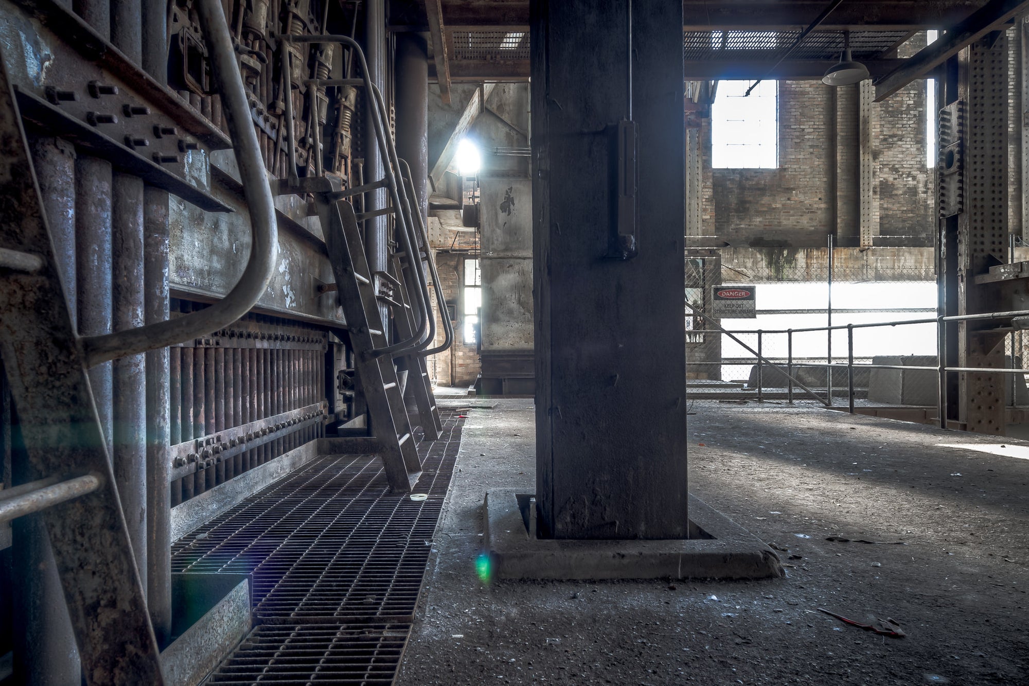 Boiler Wall Access at White Bay Power Station, steel access ladders and handrails climb the face of Boiler No.