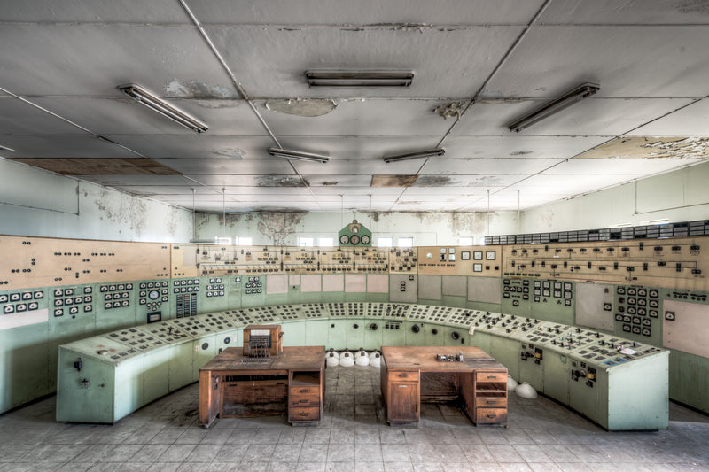 Control Room at White Bay Power Station, a curved control console wraps across the room in a wide arc.