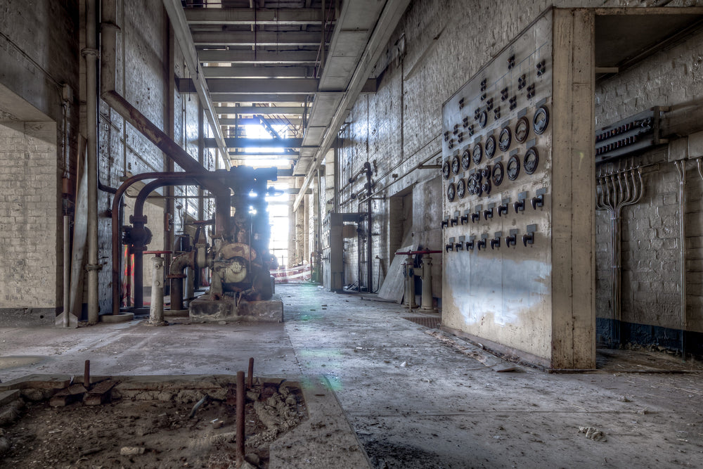 Pump House at White Bay Power Station, a long corridor runs between painted brick walls inside White Bay Power Station's.