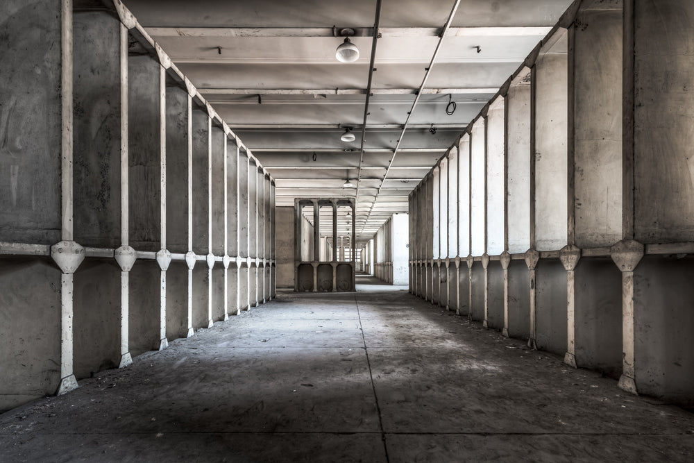 Reactor Room at White Bay Power Station, reinforced concrete bays line both sides of a long corridor deep inside White Bay.