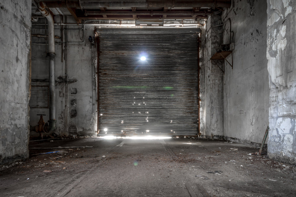 Roller Door at White Bay Power Station, a steel roller door fills the frame, sealed shut between concrete walls.